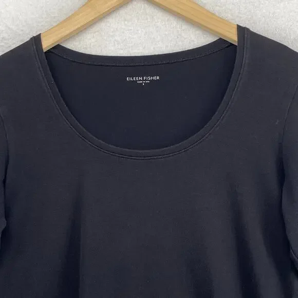 EILEEN FISHER Top S Stretch Organic Cotton Jersey Scoop Neck 3/4 Sleeve Black - Picture 4 of 10
